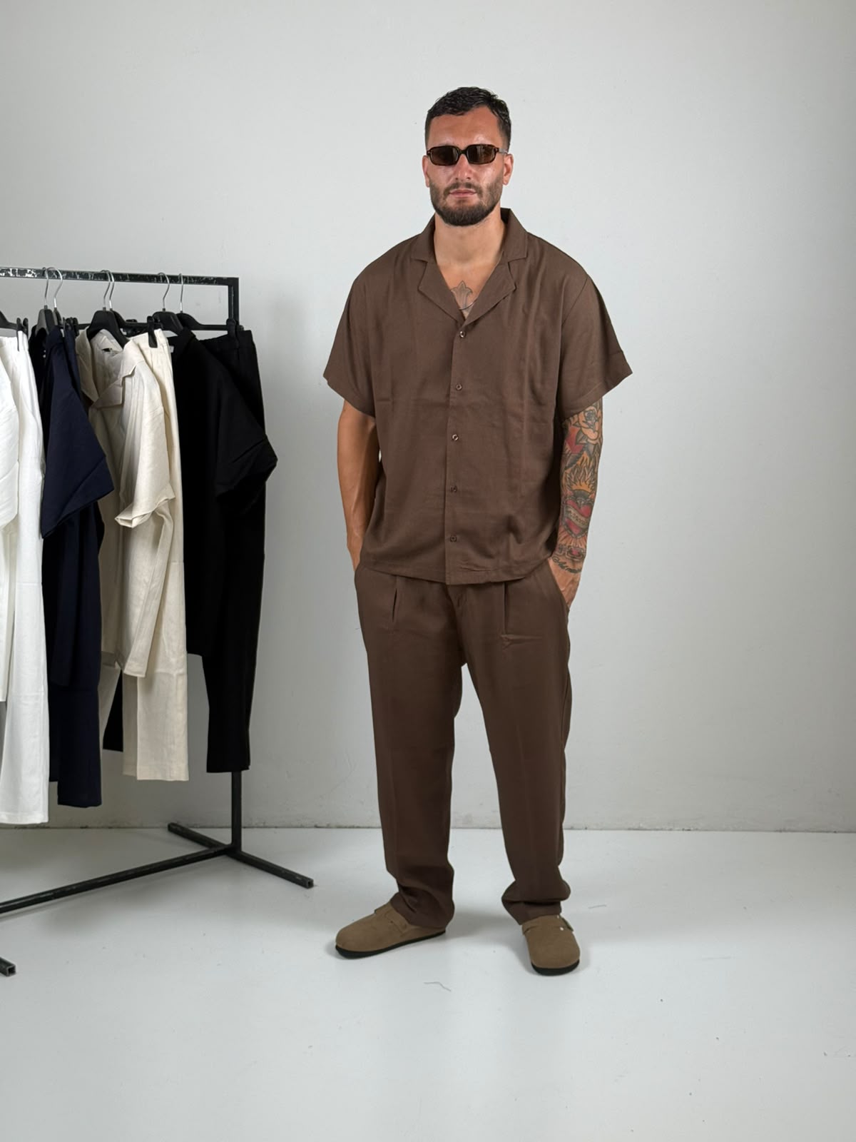 Coordinato in Lino mazza manica marrone