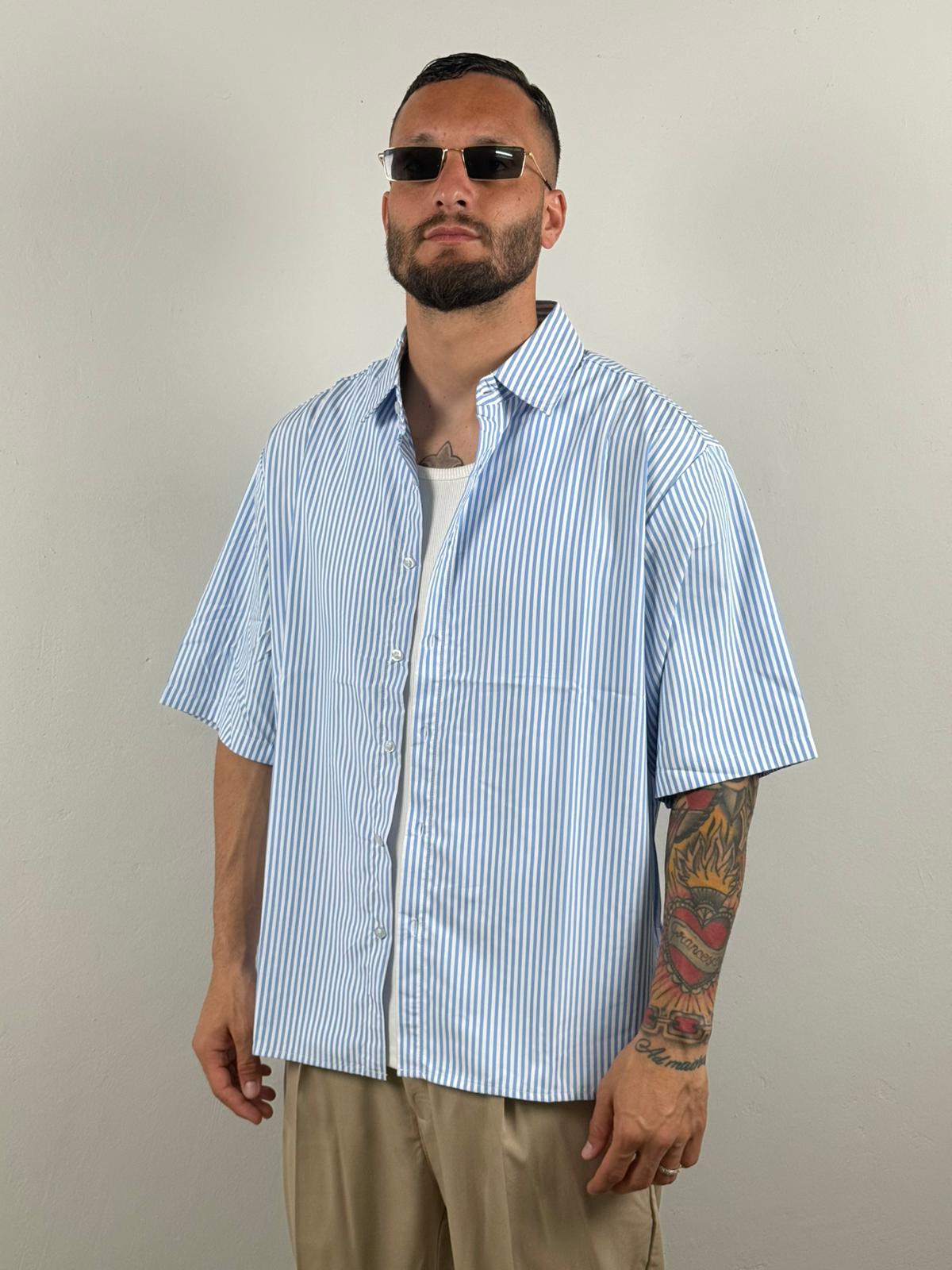 Camicia mezza manica rigata celeste