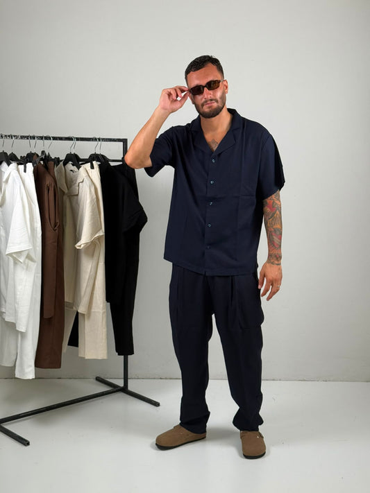Coordinato in Lino mezza manica blue