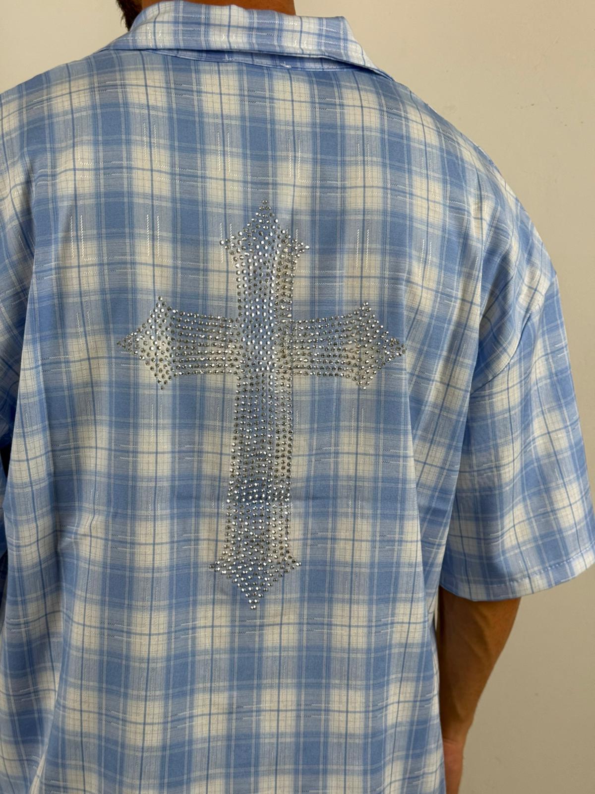 Camicia celeste quadri e brillantini