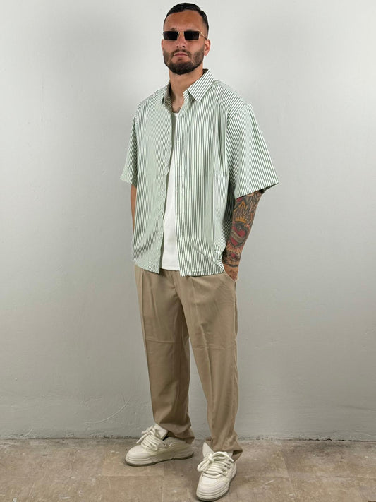Camicia mezza manica rigata verde acqua