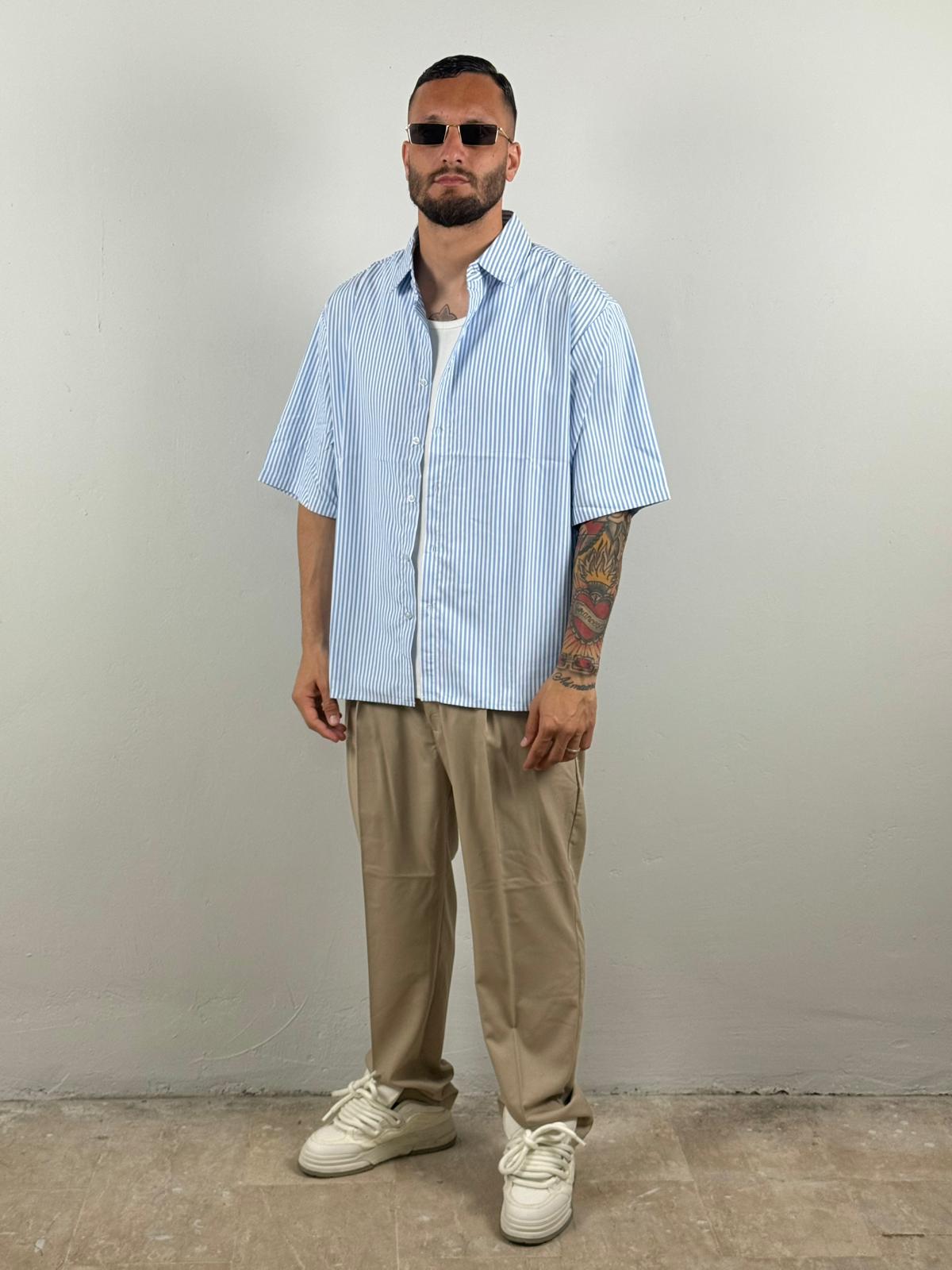 Camicia mezza manica rigata celeste