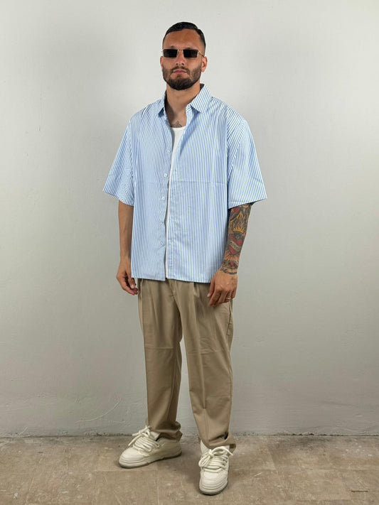 Camicia mezza manica rigata celeste