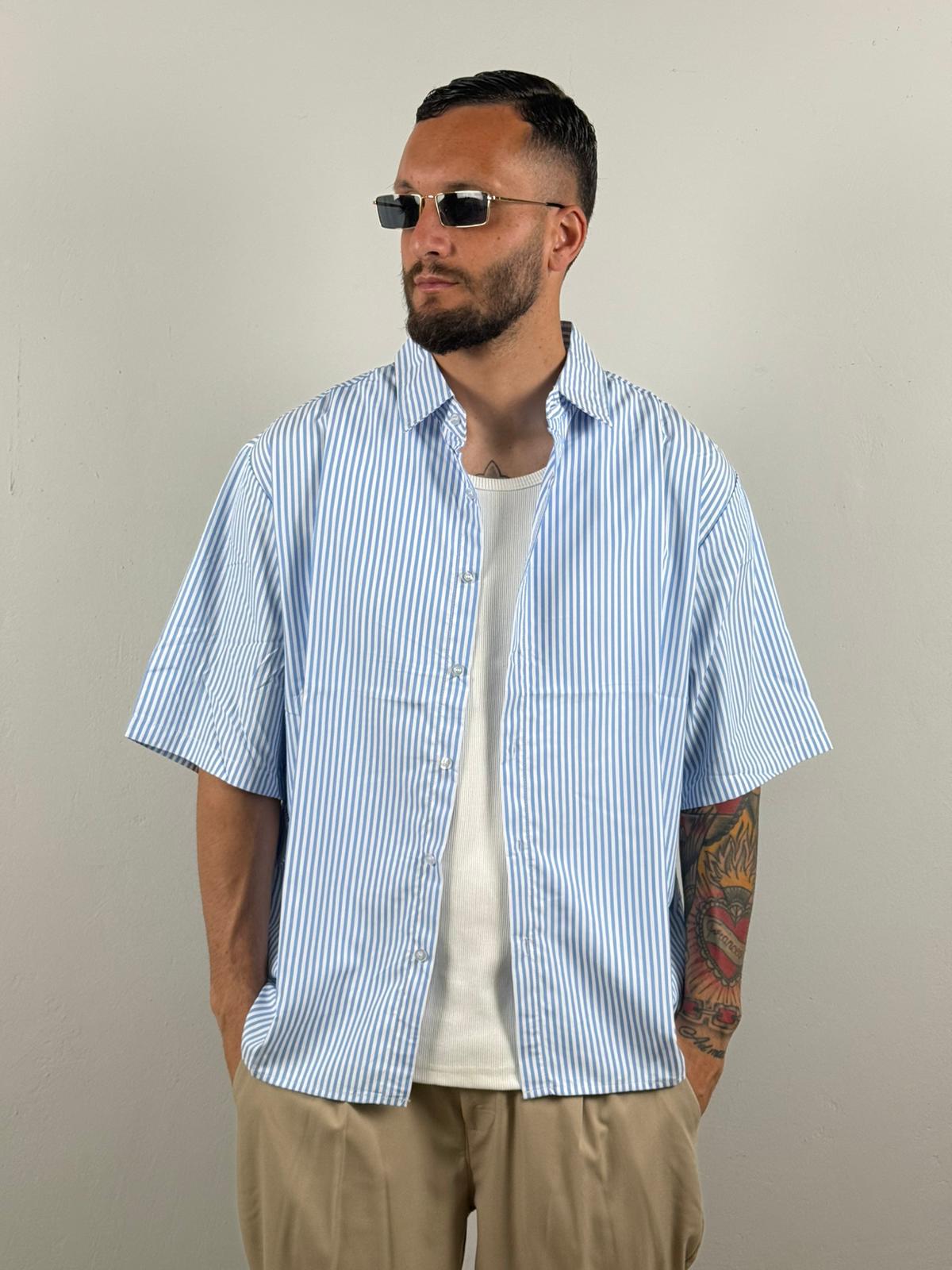 Camicia mezza manica rigata celeste