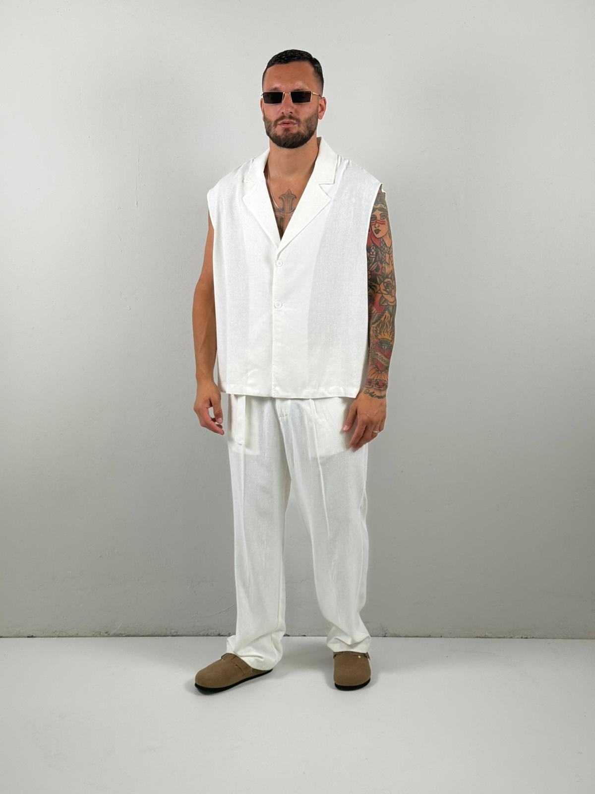 Coordinato in lino smanicato bianco the Brothers