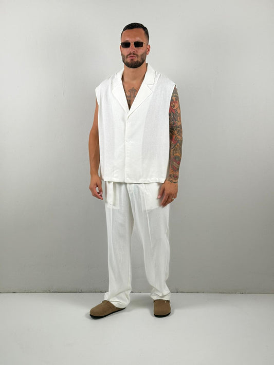 Coordinato in lino smanicato bianco the Brothers