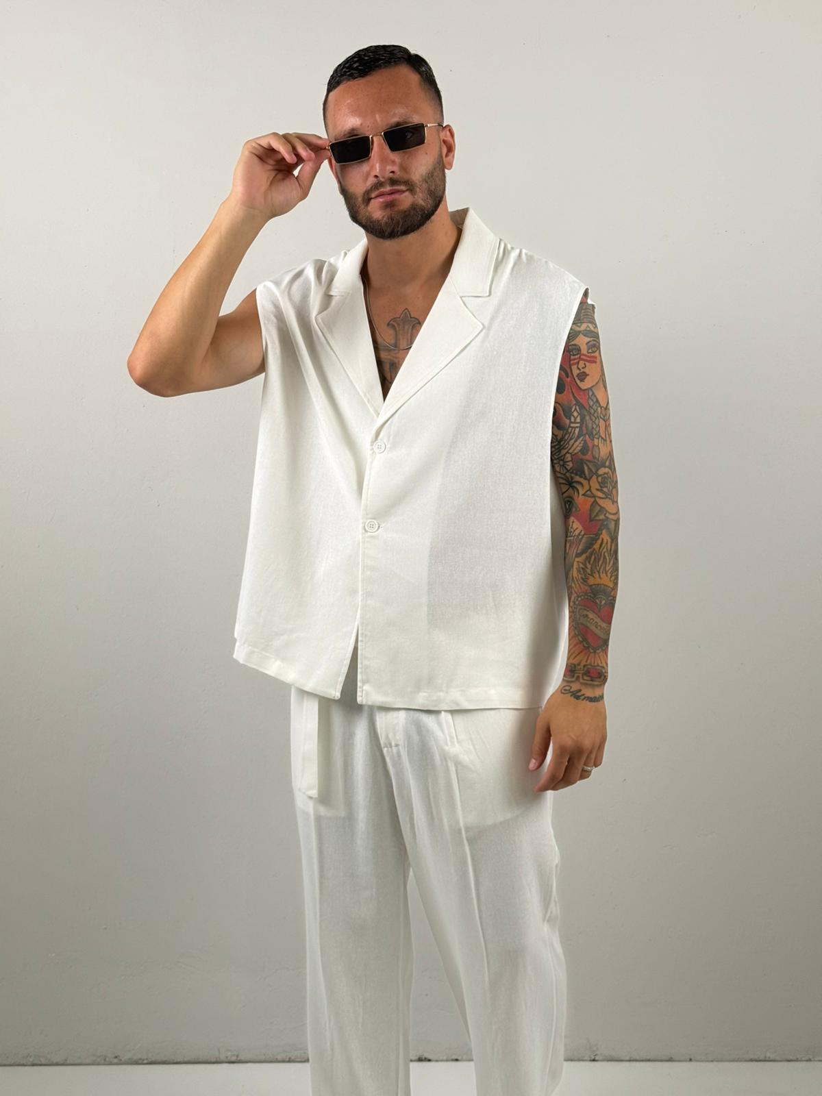 Coordinato in lino smanicato bianco the Brothers