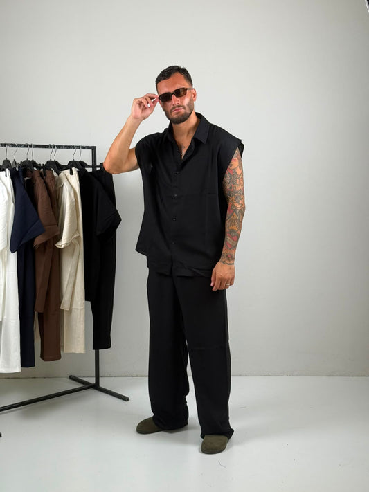 Coordinato in Lino giro manica black