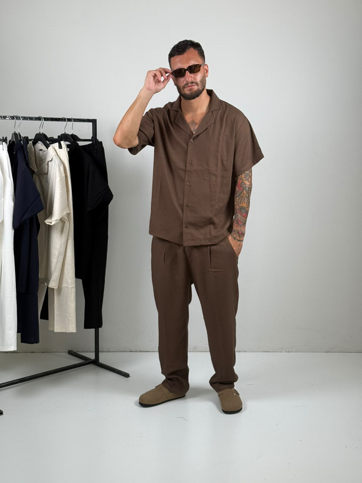 Coordinato in Lino mazza manica marrone