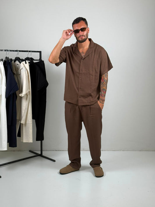 Coordinato in Lino mazza manica marrone