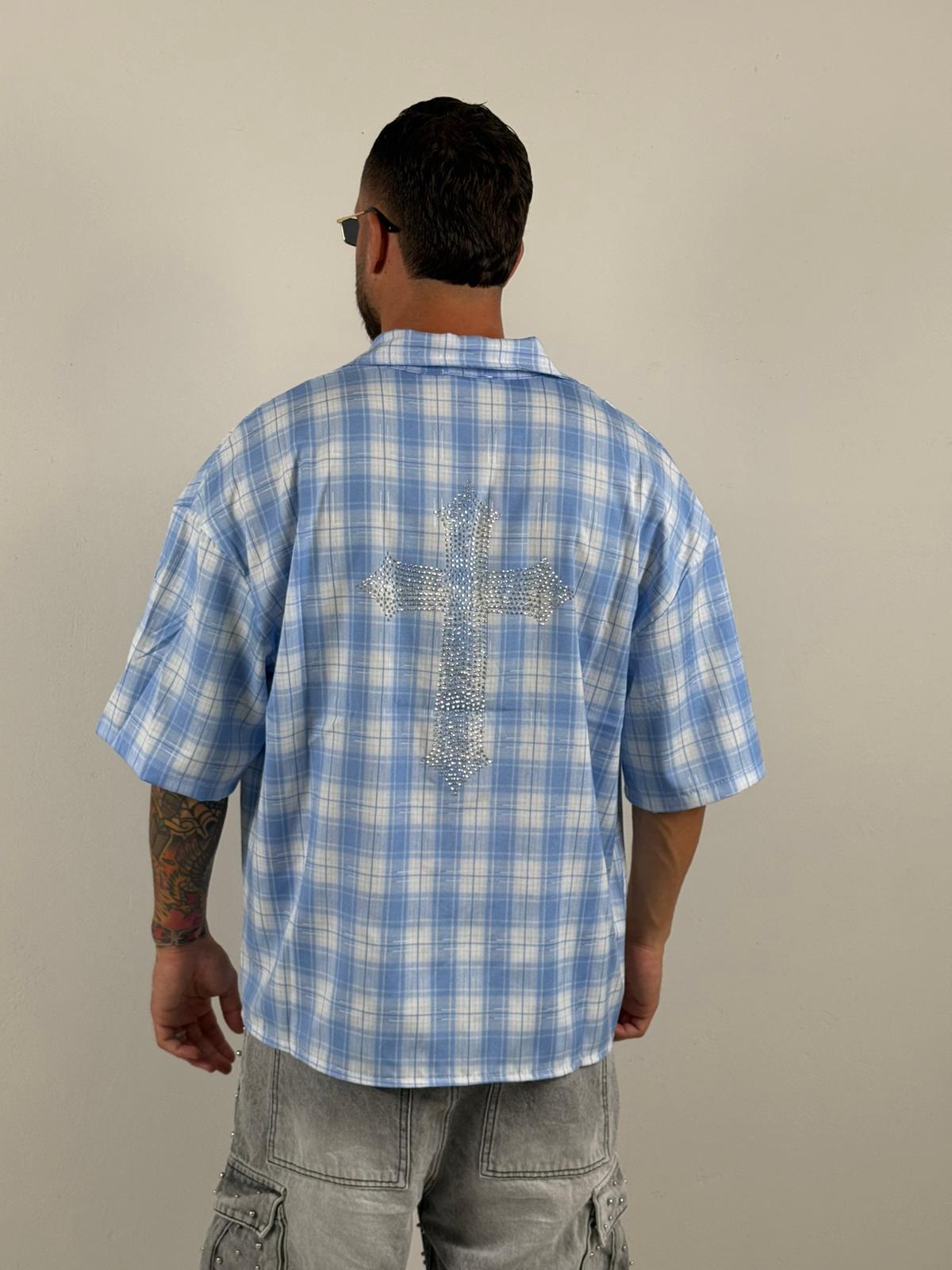 Camicia celeste quadri e brillantini