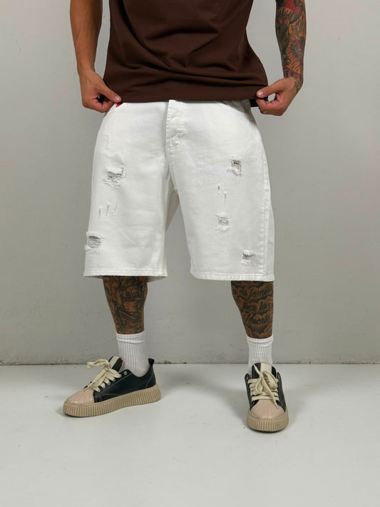 Bermuda jeans bianco con rotture