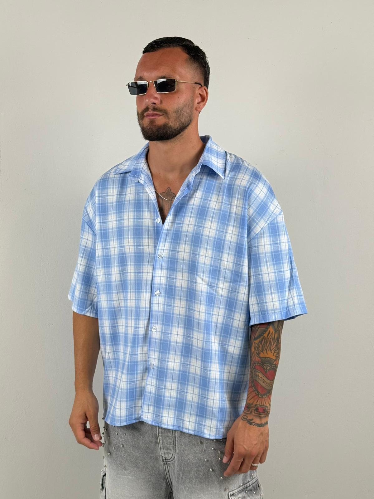 Camicia celeste quadri e brillantini
